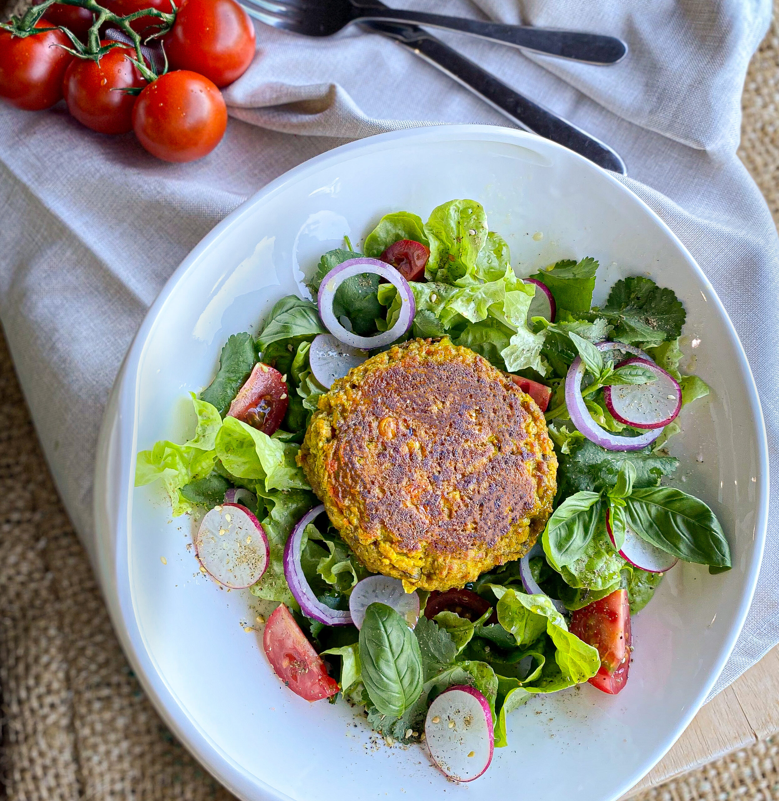 Vegie Magic patty served with a fresh garden salad