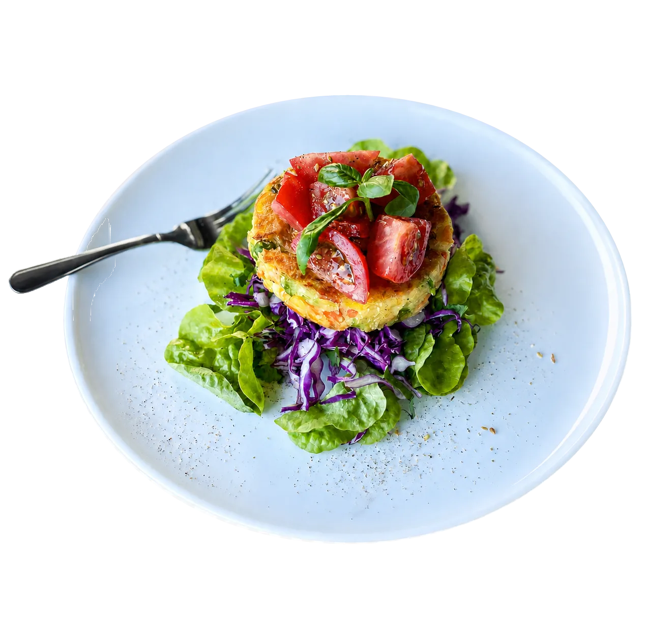 Vegie Magic Classic Vegie Patty served with salad, tomato and basil